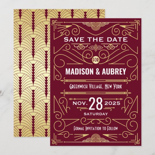 Art Deco Save the Date Bruiloft Goud Bourgogne Kaart (Voorkant / Achterkant)