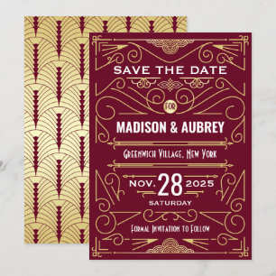 Art Deco Save the Date Bruiloft Goud Bourgogne Kaart