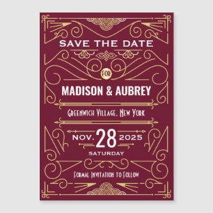 Art Deco Save the Date Bruiloft Goud Bourgogne Magnetische Uitnodiging