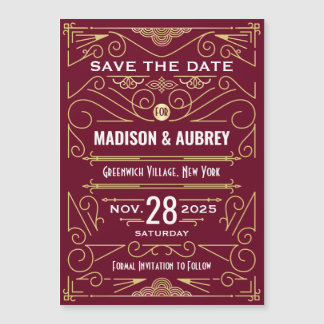 Art Deco Save the Date Bruiloft Goud Bourgogne Magnetische Uitnodiging