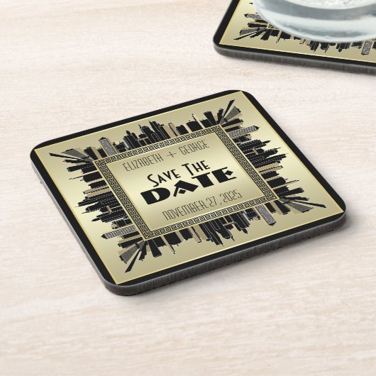 Art Deco Save the Date Champagne Gold Gatsby Glam Bier Onderzetter (Linkerzijde)