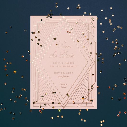 Art Deco Save the Date Diamond Blush Roos Gold Folie Uitnodiging