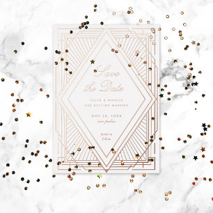 Art Deco Save the Date Diamond White Rose Gold Folie Uitnodiging