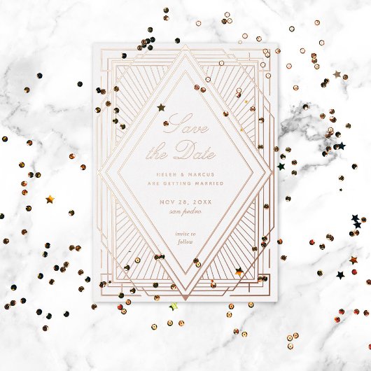 Art Deco Save the Date Diamond White Rose Gold Folie Uitnodiging