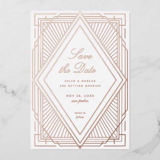 Art Deco Save the Date Diamond White Rose Gold Folie Uitnodiging (Voorkant)