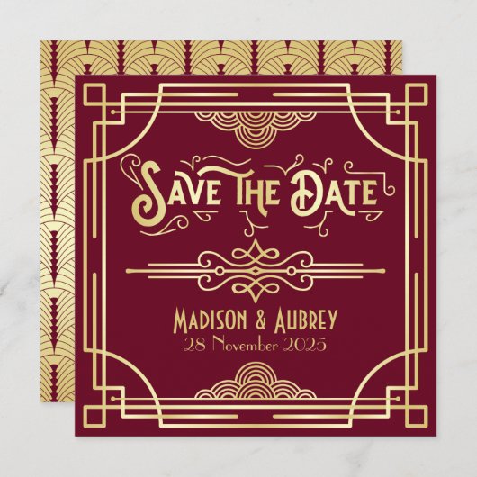 Art Deco Save the Date Goud Bourgondië Grote Gatsb (Voorkant / Achterkant)
