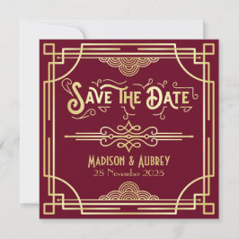 Art Deco Save the Date Goud Bourgondië Grote Gatsb