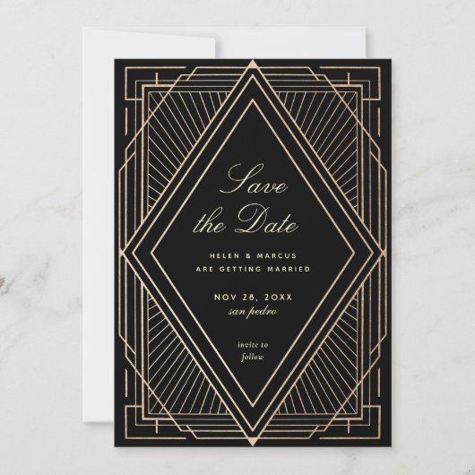 Art Deco Save the Date Nepgoud Zwart Kaart (Voorkant)