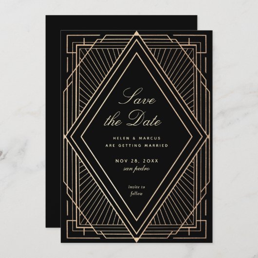 Art Deco Save the Date Nepgoud Zwart Kaart (Voorkant / Achterkant)