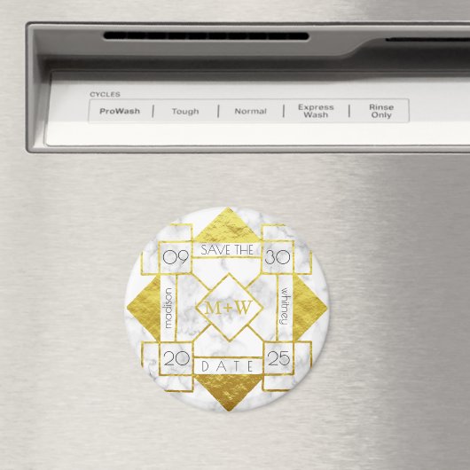 Art Deco Save the Date Wit Marmeren Gouden Folie G Magneet (Insitu (Vaatwasser))