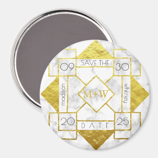 Art Deco Save the Date Wit Marmeren Gouden Folie G Magneet (Voorkant / Achterkant)