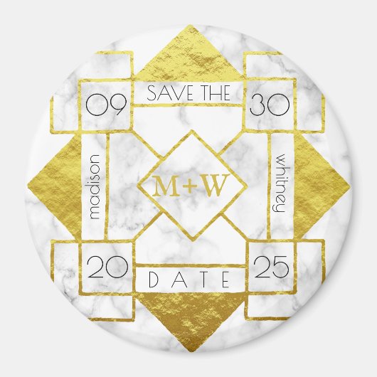 Art Deco Save the Date Wit Marmeren Gouden Folie G Magneet (Voorkant)