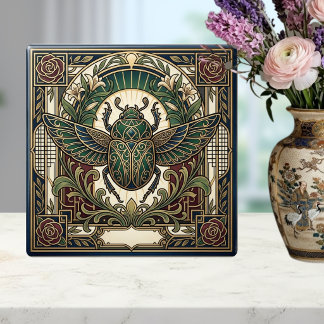 Art Deco Scarabee Kever Groen Gouden Bloem Motief Tegeltje