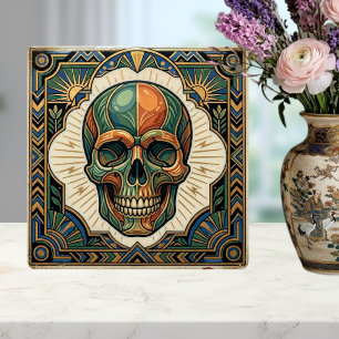 Art Deco Schedel Smaragdgroen Oranje Goud Keramiek Tegeltje