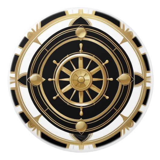 Art Deco Schip Wiel Zwart Wit Goud Nautisch Keramische Knop (Voorkant)