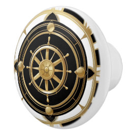 Art Deco Schip Wiel Zwart Wit Goud Nautisch Keramische Knop