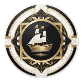 Art Deco  Schip Zwart Wit Goud Nautisch Keramische Knop