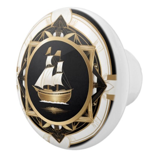 Art Deco Schip Zwart Wit Goud Nautisch Keramische Knop (Rechts)