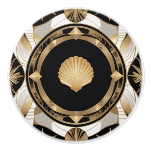 Art Deco Seashell Zwart Wit en Goud Shell Keramische Knop (Voorkant)