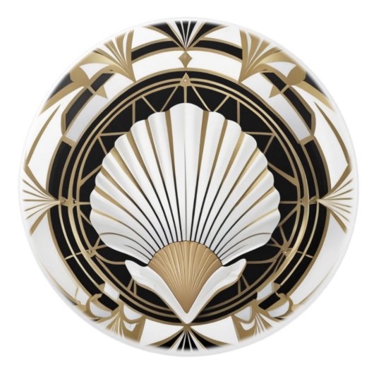 Art Deco Seashell Zwart Wit en Goud Shell Keramische Knop (Voorkant)