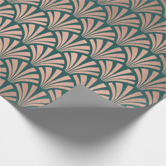 Art Deco Seashells Scales Roos Gold Copper Blauwgr Cadeaupapier (Hoek)