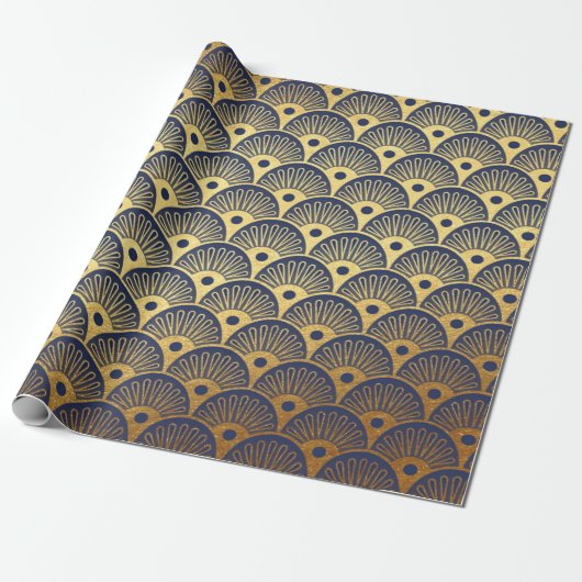 Art Deco Seashells Waves Navy Blue Vip Yacht Cadeaupapier (Uitgerold)