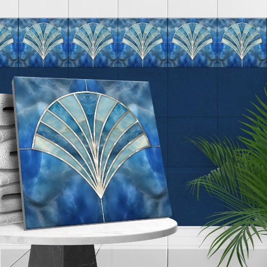 Art Deco Shell - Blauw Marmer & Parel Tegeltje