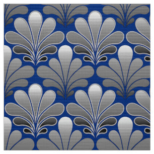 Art Deco Shell Pattern, Silver and Cobalt Blue Stof