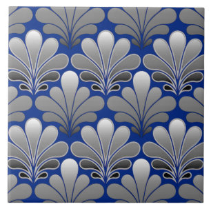Art Deco Shell Pattern, Silver and Cobalt Blue Tegeltje
