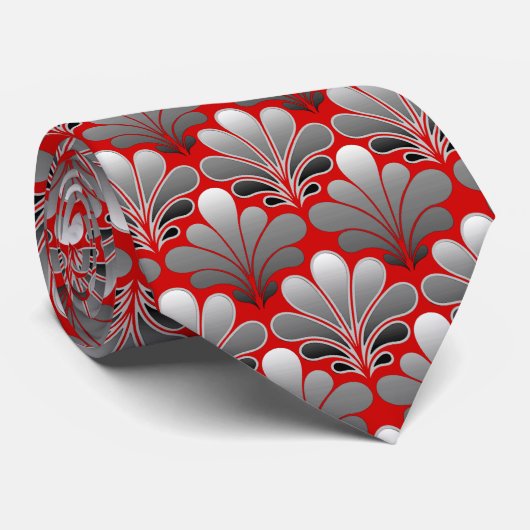 Art Deco Shell Pattern, Silver Grey / Grey and Red Stropdas (Opgerold)