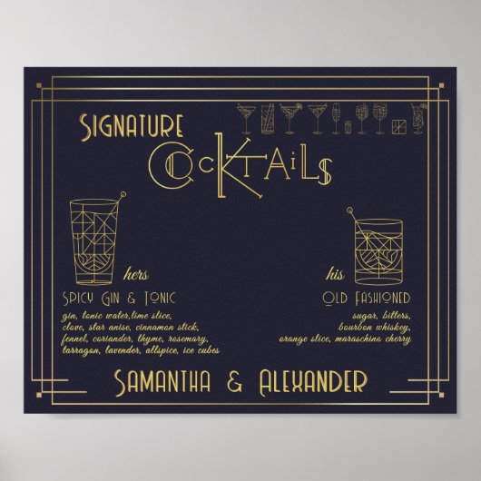 Art Deco Signature Cocktails Trouwbord Bar Sign Poster (Voorkant)