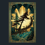 Art Deco Silhouet Dennengehakt Goud Teal Klif Post Poster<br><div class="desc">Een indrukwekkende masterclass in Art Deco geometrie en natuurlijk drama. Deze illustratie toont een scherpe, hoekige zwarte silhouet van een pijnboom die zich vastklampt aan een gekartelde tealkleurige marmeren klifrand. Geplaatst tegen een enorme, stralende gouden zonnestraal die de iconische kroon van het Chrysler Building imiteert, wordt het stuk omlijst door...</div>