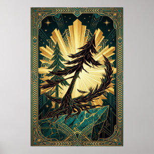 Art Deco Silhouet Dennengehakt Goud Teal Klif Post Poster