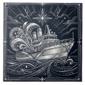 Art Deco Silver  boat Ocean Waves Starry Night Tegeltje (Voorkant)
