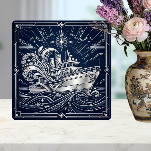 Art Deco Silver  boat Ocean Waves Starry Night Tegeltje