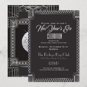 Art Deco Silver en Black NYE Gatsby Style Kaart