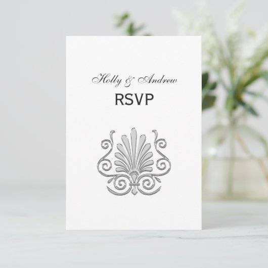  Art Deco Silver Plume Arabesque RSVP Kaartje (Staand voorkant)