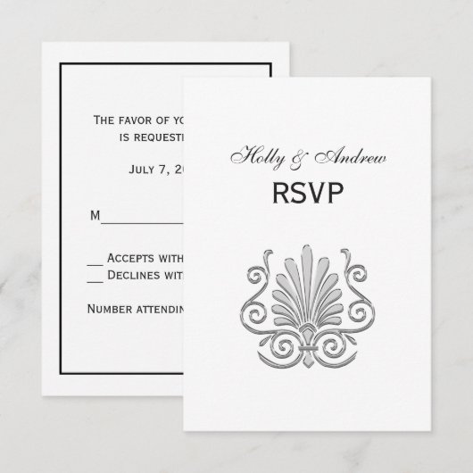  Art Deco Silver Plume Arabesque RSVP Kaartje (Voorkant / Achterkant)