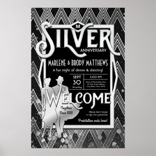 Art Deco Silver Wedding Jubileum Party Welkom Poster (Voorkant)