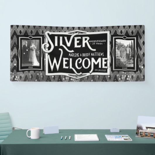 Art Deco Silver Wedding Jubileum welkomstfoto Spandoek (Beurs)