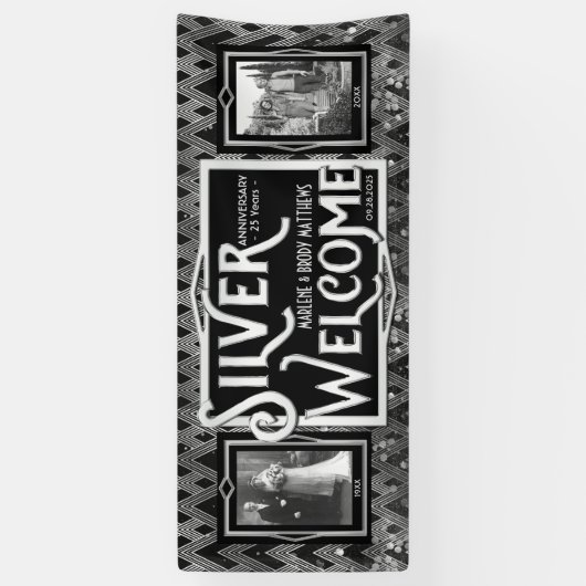 Art Deco Silver Wedding Jubileum welkomstfoto Spandoek (Verticaal)