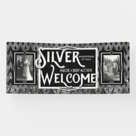 Art Deco Silver Wedding Jubileum welkomstfoto Spandoek (Horizontaal)