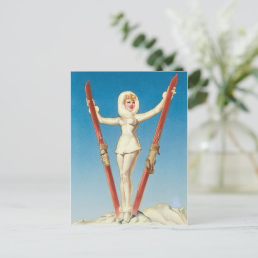 Art Deco Ski Blonde Pin Up Briefkaart (Staand voorkant)