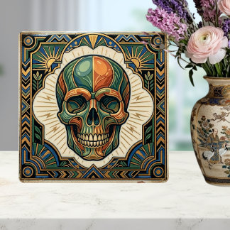 Art Deco Skull Emerald Green Orange Gold Ceramic T Tegeltje