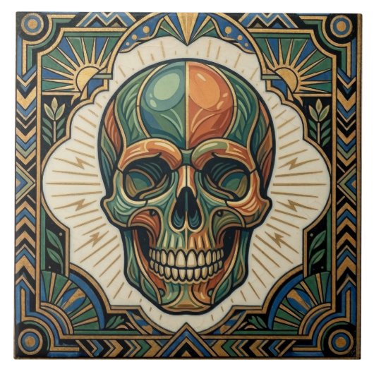 Art Deco Skull Emerald Green Orange Gold Ceramic T Tegeltje (Voorkant)