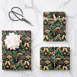 Art Deco Smaragd Middernacht Nieuwjaars Patroon Inpakpapier Vel