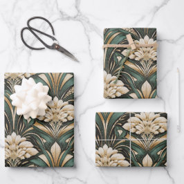 Art Deco Smaragd Verguld Bloemmotief Inpakpapier Vel