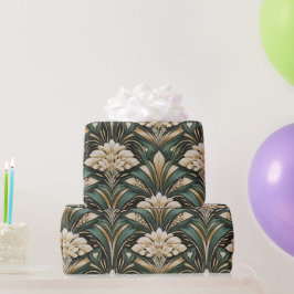 Art Deco Smaragd Verguld Bloempatroon Cadeaupapier