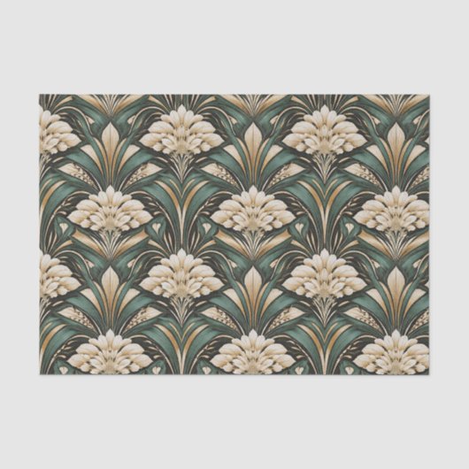 Art Deco Smaragd Verguld Bloempatroon Tissuepapier (Voorkant)