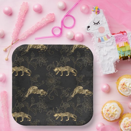 Art deco Sophisticated Black en Gold leopard Papieren Bordje (Feest)